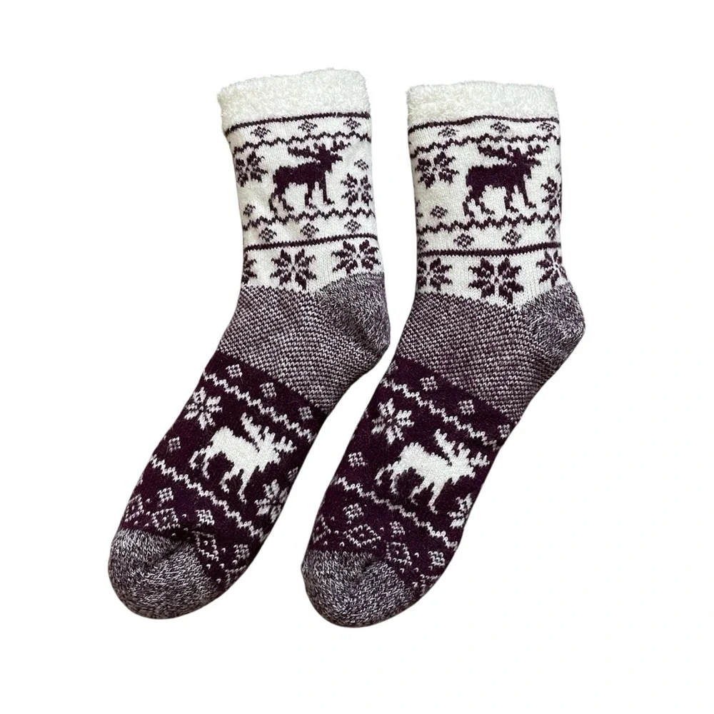 Fair Isle Fluffy Lined Cabin Socks Maroon Red White Deer Print Comfy Women's 6-8